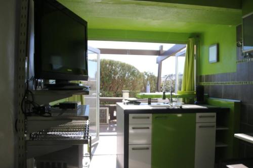 une cuisine verte avec un évier et une télévision dans l'établissement Studio 6, Port Nature 1 au village naturiste, au Cap d'Agde