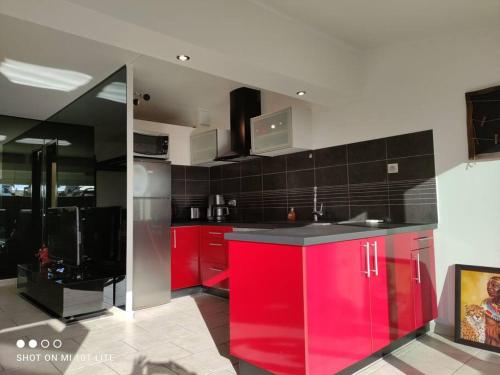une cuisine avec des placards rouges et du carrelage noir. dans l'établissement Villa 112, Port Nature au Village Naturiste, au Cap d'Agde