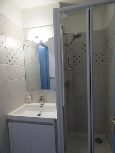 une salle de bain avec un lavabo et une douche dans l'établissement Charmant T2, cabine, parking, Les Balcons de la Méditerranée, Narbonne Plage, à Narbonne-Plage