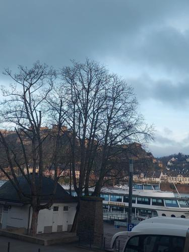 a group of trees in a parking lot with a bus at FERIENWOHNUNG Marina in Bad Ems