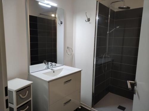 une salle de bain avec un lavabo et une douche dans l'établissement Appartement 211 Cap d'agde, au Cap d'Agde