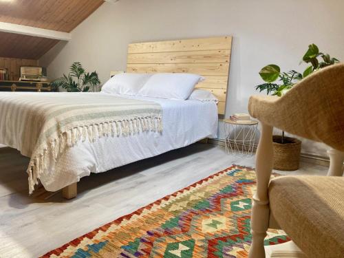 1 dormitorio con 1 cama, 1 silla y 1 alfombra en Atico de madera Apartamento en Rinlo, RIBADEO, en Ribadeo