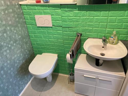 a green bathroom with a toilet and a sink at Ferienwohnung nähe Bodensee. in Meckenbeuren