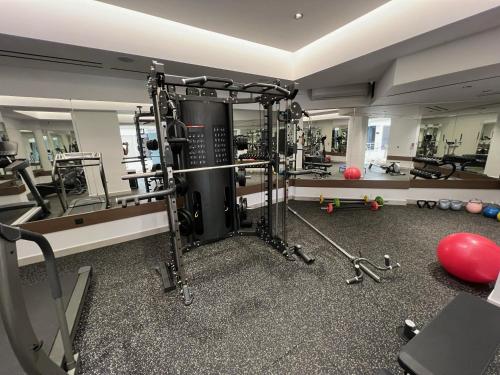 a fitness room with a gym with weights at Elia Agia Marina Resort in Agia Marina Nea Kydonias