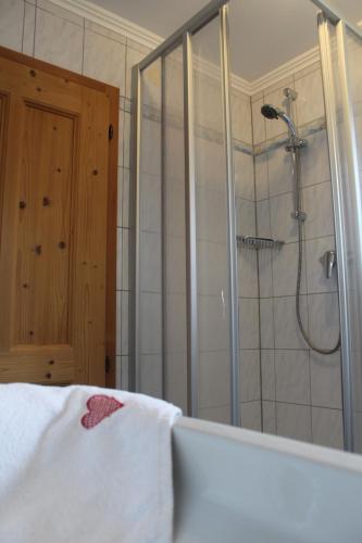La salle de bains est pourvue d'une douche et d'un lit avec une serviette. dans l'établissement Stöcklgut Apartment, 