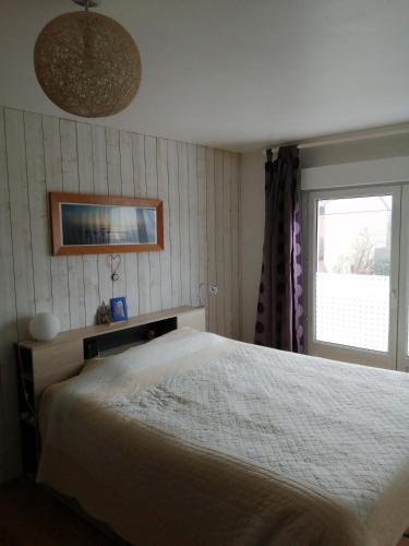 une chambre avec un grand lit et une fenêtre dans l'établissement Chambre des perdrix, au Mans