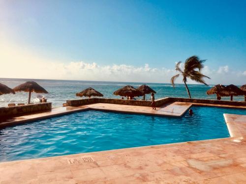 una piscina con vistas al océano en Beachfront Hammock Heaven, en Akumal