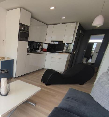 un salon avec un canapé et une cuisine dans l'établissement Appartement 323, Port Ambonne, au Cap d'Agde