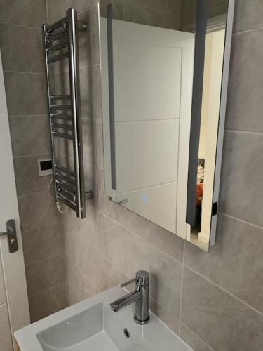 a bathroom with a sink and a mirror at Annex A, a one bedroom Flat in south London in Carshalton