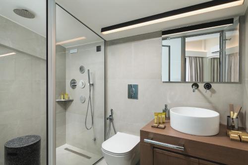 La salle de bains est pourvue de toilettes, d'un lavabo et d'une douche. dans l'établissement Elia Agia Marina Resort, à Agia Marina