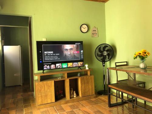 a living room with a flat screen tv on a green wall at CASA DE FÉRIAS BH in Belo Horizonte