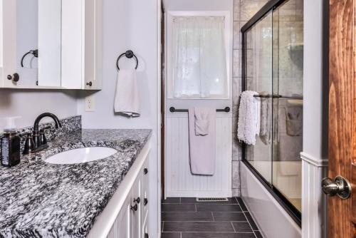 een badkamer met een wastafel en een douche bij Upper Gresham Lakehouse in Manitowish Waters