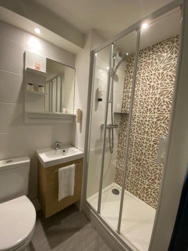 a bathroom with a shower and a toilet and a sink at Contact Hôtel Lunotel Saint Lô in Saint Lo