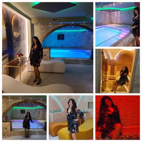 a collage of photos of a woman in a room with a pool at Gallo - La Cantina del contadino in Rende