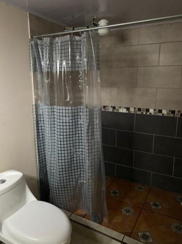 y baño con ducha y aseo. en Apartamento La Guaria, en Turrialba