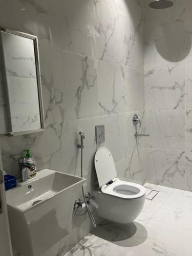 利雅德的住宿－سقيفه 12，白色的浴室设有卫生间和水槽。