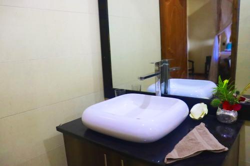 ein Badezimmer mit einem weißen Waschbecken und einem Spiegel in der Unterkunft Saba Holiday Homes in Machakos