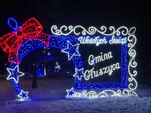 a house covered in christmas lights in the snow at Apartament exclusive Głuszyca in Głuszyca