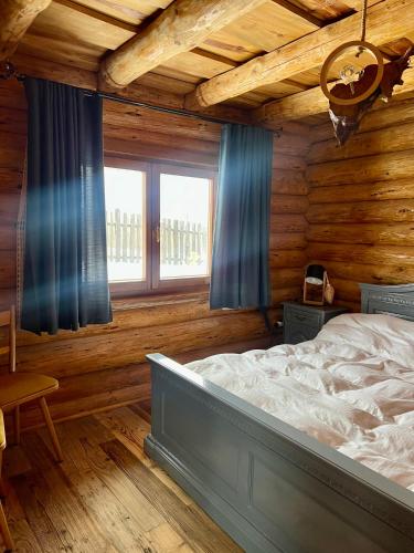 a bedroom with a bed in a wooden room at Cabana Huta Slavia in Şinteu