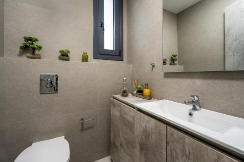 a bathroom with a sink and a toilet and a mirror at Penélope Beachfront Villa in Kremasti