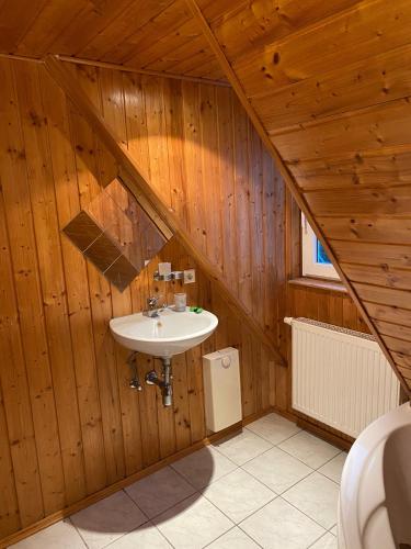a bathroom with a sink in a wooden wall at Ferienwohnung Kurzentrum in Bad Lausick