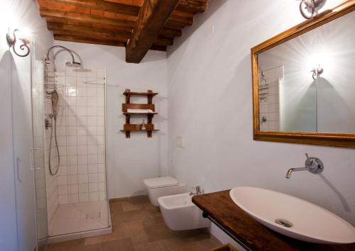 a bathroom with a sink and a toilet and a mirror at Fattoria Poggerino in Radda in Chianti