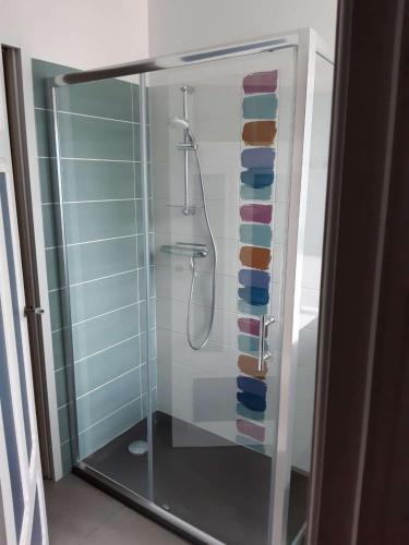 une salle de bain avec une douche avec une porte vitrée dans l'établissement Belle villa en granit rose VUE SUR MER à PERROS-GUIREC - Réf 943, à Perros-Guirec