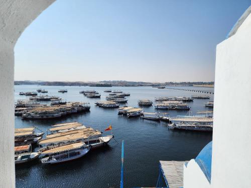 a group of boats docked in a harbor at Endo Mando in Shellal