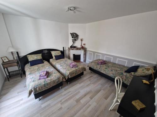 - une chambre avec deux lits et un canapé dans l'établissement Bleautiful "Aliénor" Charmant appartement avec terrasse, à Fontainebleau