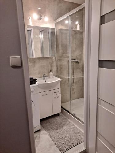 a white bathroom with a shower and a sink at Niezależny apartament przy Parku Zdrojowym in Kudowa-Zdrój