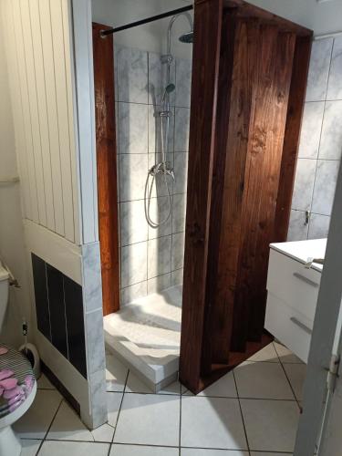 a shower with a glass door in a bathroom at 50 M OCÉAN maison classée 2 étoiles 2/7 personnes in Mimizan