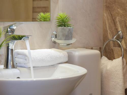 a bathroom with a sink and a toilet with plants at Tia Maria is situated in the southern part of the Sunny Beach Resort in Sunny Beach