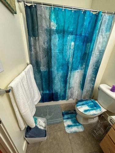 a bathroom with a blue shower curtain and a toilet at Charming 2Bd/2bth Retreat in Downtown Richmond in Richmond