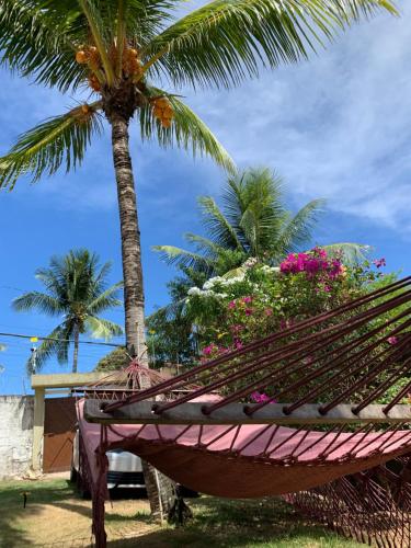 een hangmat voor een palmboom bij Casa de Veraneio com Piscina Perto da Praia in Lauro de Freitas