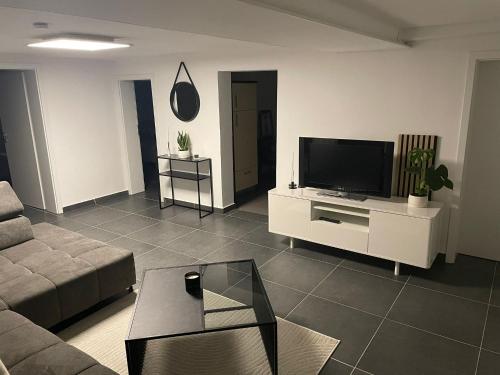 uma sala de estar com um sofá e uma televisão de ecrã plano em Stilvolles Designappartment mit Terasse & Garten im idylischem Bindlach em Bindlach