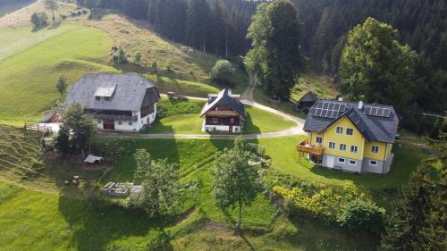 a group of houses on a green hill with trees at Beim Bergbauer in Fischbach