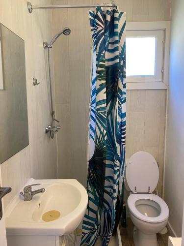 La salle de bains est pourvue d'un lavabo et de toilettes. dans l'établissement Petit chalet d’été avec piscine privée chauffée, à Bonifacio