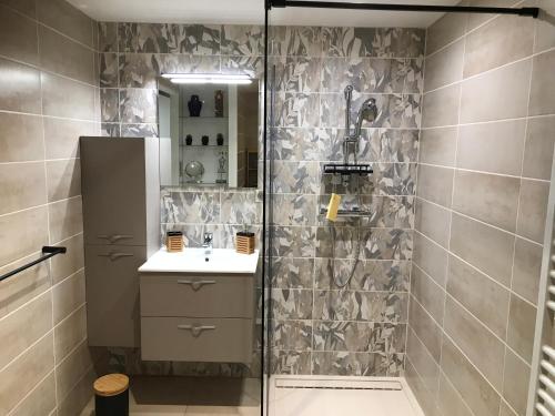 La salle de bains est pourvue d'une douche et d'un lavabo. dans l'établissement Studio neuf de 24m², à Brive-la-Gaillarde