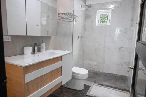 W łazience znajduje się umywalka, toaleta i prysznic. w obiekcie Apartamento en Río San Juan a 4 minutos de playas piscina con agua caliente w mieście Río San Juan