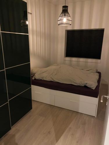 1 dormitorio con cama y luz colgante en Musholmvej, en Tåstrup