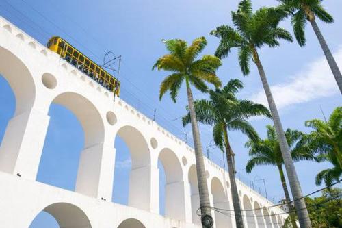 un tren amarillo en un puente con palmeras en Apto lapa en Río de Janeiro