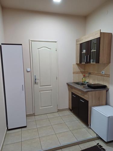una pequeña cocina con puerta blanca y fregadero en Sobe SANjA en Pirot