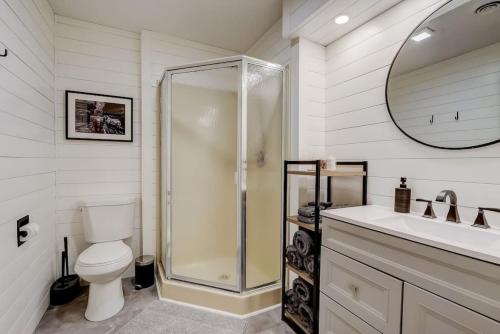 uma casa de banho com um chuveiro, um WC e um lavatório. em Family Dreams - Lakefront, 2-bedroom, multi-level condo, Winter Vacation em Wisconsin Dells