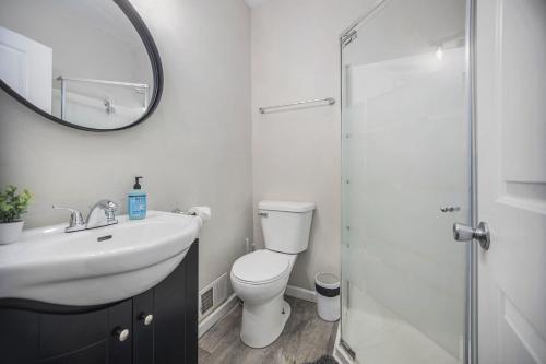 a bathroom with a toilet and a sink and a mirror at The Metropolitan Manor-new Corporate Apt Downtown in Grand Rapids