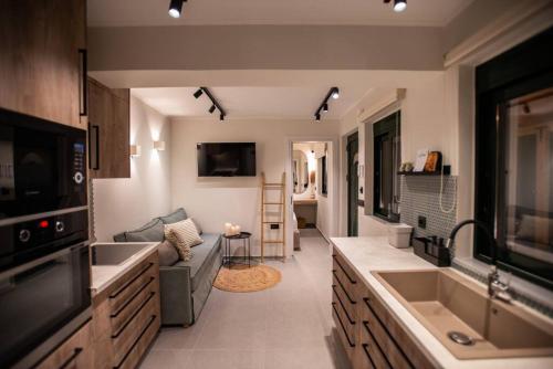 a kitchen and living room with a couch and a tv at YOLO Resort- Giardino in Alykes