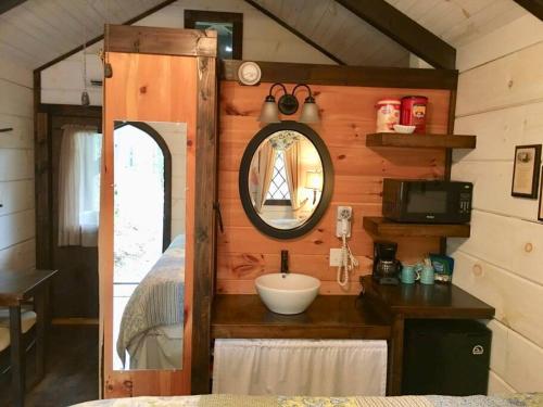ein Bad mit einem Waschbecken und einem Spiegel im Zimmer in der Unterkunft Tiny Home Cottage Near the Smokies #5 Fleur in Sevierville