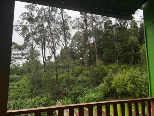 een balkon met uitzicht op een bos bij Thalagala Oya Resort & Restaurant in Nuwara Eliya