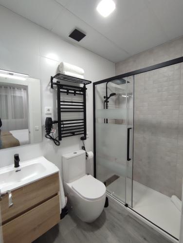 a bathroom with a toilet and a shower and a sink at Matallana 32 in Herencia