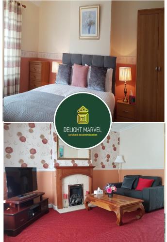 a hotel room with a bed and a fireplace at Delight Marvel-Derby House at Maidstone in Maidstone