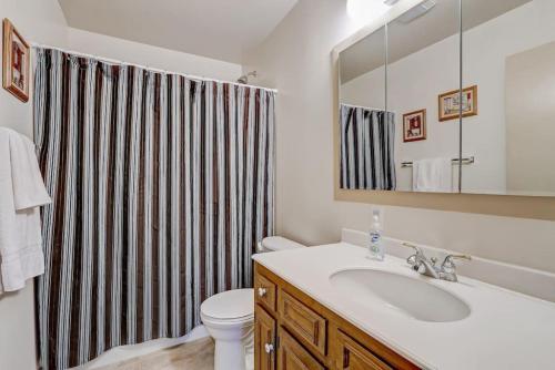 a bathroom with a sink and a shower curtain at Hiawatha Haven for Families and Golfers in Wisconsin Dells